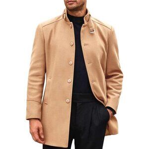 Men's Trench Coat Stand Collar Casual Slim Fit Single Breasted Pea Coat Overcoat